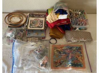 Craft Lot Including Paint, Scrap Material, Cross Stiches, And Thread