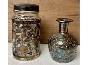 Heche En Mexico Sterling Silver Nestle Covered Jar And A 1892 Sterling Overlay Bottle