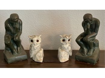 (2) Pairs Of Book Ends - Alexander Co Backer And Japan Hollow Porcelain Owls (as Is)