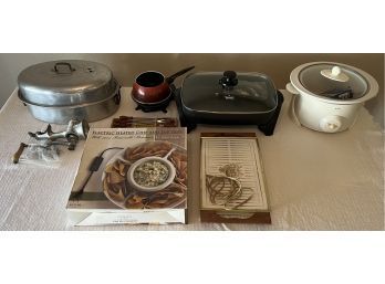 Kitchen Lot  - Vintage Fondue With Forks, Universal Meat Grinder, Rival Crock Pot And Electric Skillet, & More