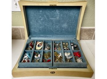 Vintage 1962 M. I. Naken Company Wood Jewelry Box With Assorted Vintage Earrings And Pins