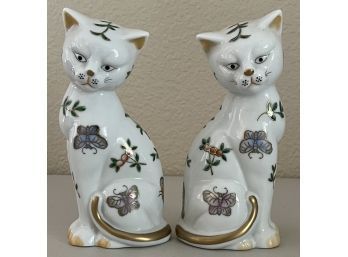 Pair Of Vintage Andrea By Sadek Regal Kutani Fine White & Gold Porcelain Cat Made In Japan