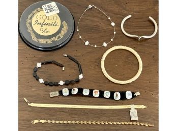 Vintage Jewelry Lot - Infiniti Gold Over Sterling Silver Necklace, Bracelets, Carved Bakelite, And More