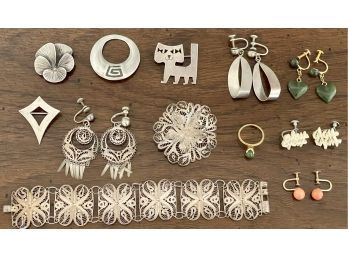 Vintage Jewelry Lot - Sterling Silver, Silver Wire, Jadeite, Angle Skin Coral, And More