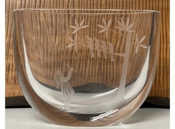 Orrefors Etched Boy And Bird Motif Glass Vase