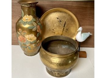 Ceramic Gold Painted Floral Vase, Brass Pot, OMC Japan Lacquer Bamboo Plate, Wood Bird