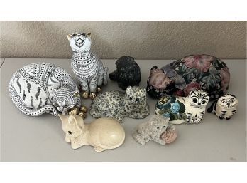 Small Collection Of Resin, Ceramic, And Stone Cat Figurines - Canadian Pottery, Stone Critters Mexico, & More