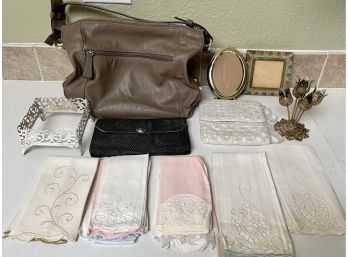 Dresser Lot Including Brass Lip Stick Holder, Worthington And Whiting And Davis, Embroidered Linens, And More