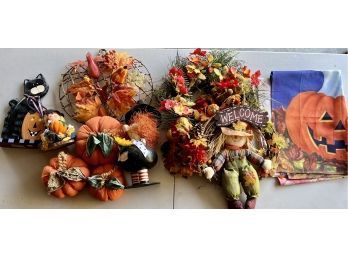Small Halloween/fall Lot - Wreaths, Material Pumpkin, Decor, And More