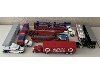 (8) Assorted Plastic And Die-cast Semi And Fire Trucks With Coca-cola Coin Bank