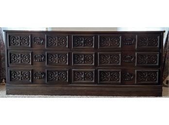 Post Modern Mediterranean Carved Front Wood And Veneer 9-drawer Dresser With Bronze Tone Pulls