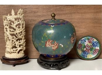 Cloisonne Ginger Jar (as Is) With Lid And Small Plate China, Carved Bone Sculpture With Wood Base Hong Kong