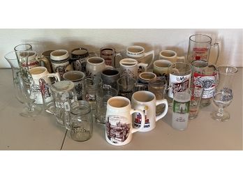 Large Lot Of Assorted Glass, Ceramic, And Pewter Advertising -  Steins, Mugs, And Glasses