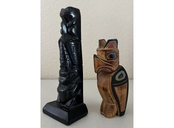 (2) Hand Made North Western Figurines - (1) Carved Argillite By Pearlite Vancouver , And (1) Carved Wood