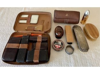 Vintage Men's Travel Kit In Leather Case, Amity Shoe Shine Kit, Antique Silver Brush, And More