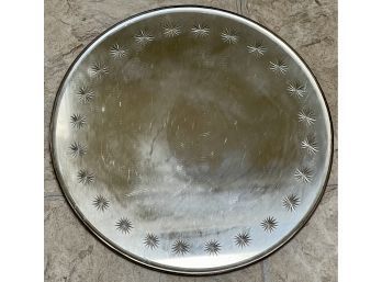 Antique Art Deco Etched Flower Round Mirrored Tray With Silver Tone Rim