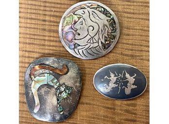 (3) Sterling Silver With Enamel And Abalone Inlay Pendants/ Pins - Mexico, Siam - 26.8 Grams Total