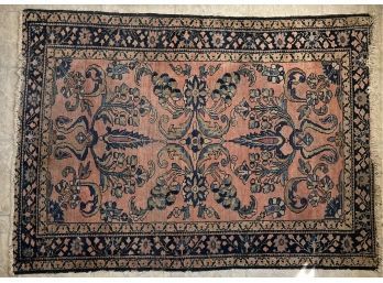 57 X 42 Inch Antique Hand Knotted Pink And Blue Rug With Fringe (as Is)