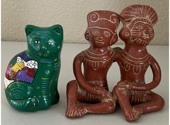 Mexico Hand Painted Pottery Cat With Pottery Mayan Figurine