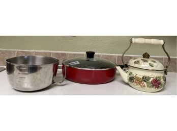 T-fal 12' Red Pan With Lid, Enamel Table Tops Unlimited Tea Pot, 3 QT. West Bend Stainless Measuring Bowl
