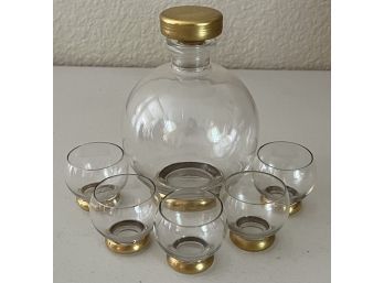 Gold Trimmed Ball Glass Decanter With Stopper And (5) Matching Glasses