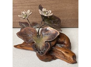Norman Brumm Enamel On Copper Flower And Leaf On Wood Base