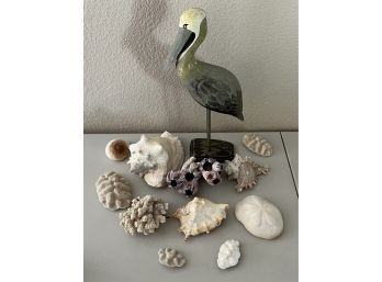 Small Ocean Lot - Coral, Conch Shell, Sand Dollar, Carved Wooden Pelican, And More