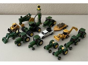Large Collection Of Small John Deere Die-cast Tractors, Excavators, Trucks, And Gas Pump