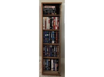 Vintage Solid Oak Double Side Glass Door Tower VHS Organizer With Contents