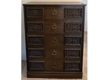 Post Modern Mediterranean Carved Front Wood And Veneer 5-drawer Highboy Dresser With Brass Tone Pulls