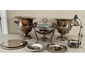 Silver Plate Lot - (2) 1840 Handled Footed Ice Buckets, Antique Pickle Castor With Tongs, Chaffer