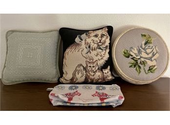 (3) Vintage Pillows And Small Bag - Needle Point, Tapestry, And Velvet