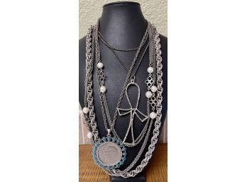 (4) Vintage Silver Tone Necklaces - Kennedy Half Dollar, Faux Pearl, And Silver Link