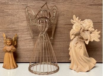 (2) Wood And (1) Metal Angel - (1) Heinzeller Holzschnitzerei Oberammergau