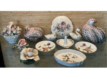 Vintage Porcelain Lot - China Trader Quails, Germany Flower, Capo Di Monte Flower, Thailand Swans, And More