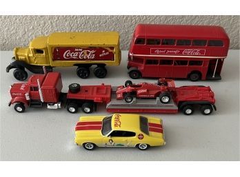 Cast Iron Coca-cola Truck With Die-cast Double Decker Bus, Formula One Race Team, And 1970's Chevelle