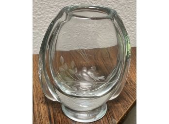 Crystal Etched Glass Vase With Birds Signed EG6298