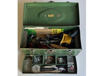 Vintage Master Steel Toolbox With Contents - Pocket Knife, Hammer, Pliers, Head Lamp, And More (as Is)