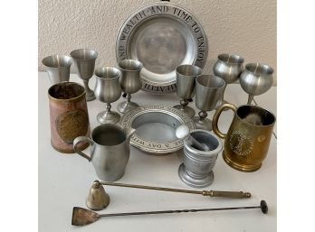 Pewter Lot - Woodbury Pewterers, Leonard, Selandia, Wilton, Solid Brass And Copper Cups, And More