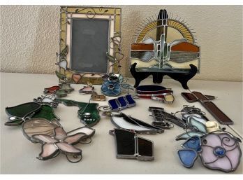 Collection Of Hand Made Stained Glass Window Hangings, Night Lights, And Frame