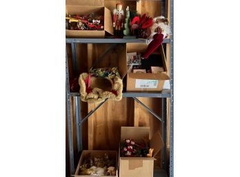 Christmas Decor Lot - Nutcracker, Ornaments In Boxes, Santa, And More