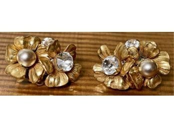 Miriam Haskell Vintage Gilt Baroque Pearl And Rhinestone Clip Earrings -