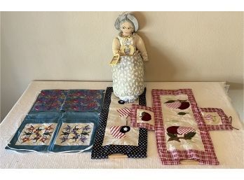 (3) Hand Made Tapestries One With Pockets And Reusable Bag Lady