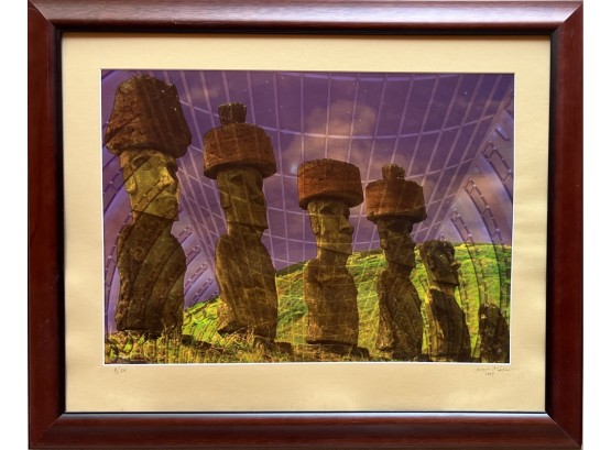 Signed Limited Edition Local Artist James Cole Print Easter Island Sculptures In Frame 1 Of 25 2007