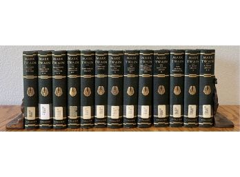 (13) Antique Mark Twain Hardback Books By Collier With Brass Ship Bookends (as Is)