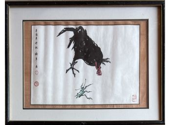Vintage Japanese Ink Rooster And Praying Mantis Signed In Frame