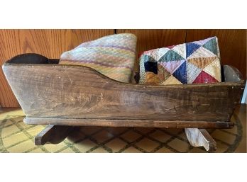 Antique Solid Wood 1893 Hand Carved Baby Cradle With Two Blankets