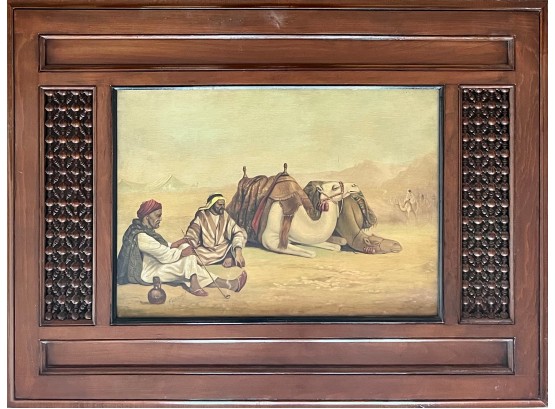 Vintage Original Signed Oil On Canvas Fredrik Egyptian Paining With Handmade Mashrabiya Frame