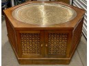 Vintage Genuine Moroccan Mashrabiya Hexagonal Teak 4-door Console Table With 39 Inch Etched Solid Brass Tray