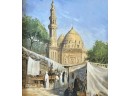 Vintage Original Signed Oil On Canvas Mosque-Madrasa Of Sultan Hasan Painting With Handmade Mashrabiya Frame